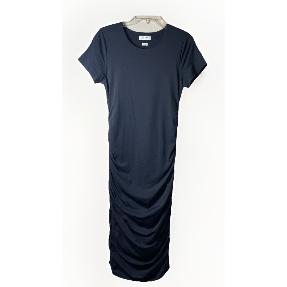 Aritzia Babaton Black Midi T Shirt Dress Ruched Bodycon Covet Short Sleeve Large